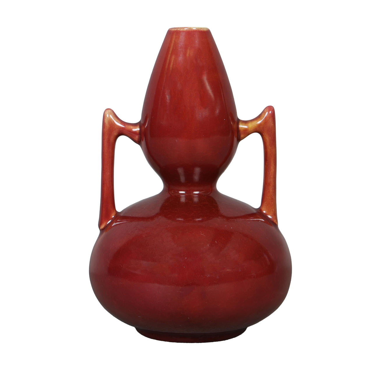 A BURMANTOFTS TWIN HANDLED DOUBLE GOURD RED VASE.