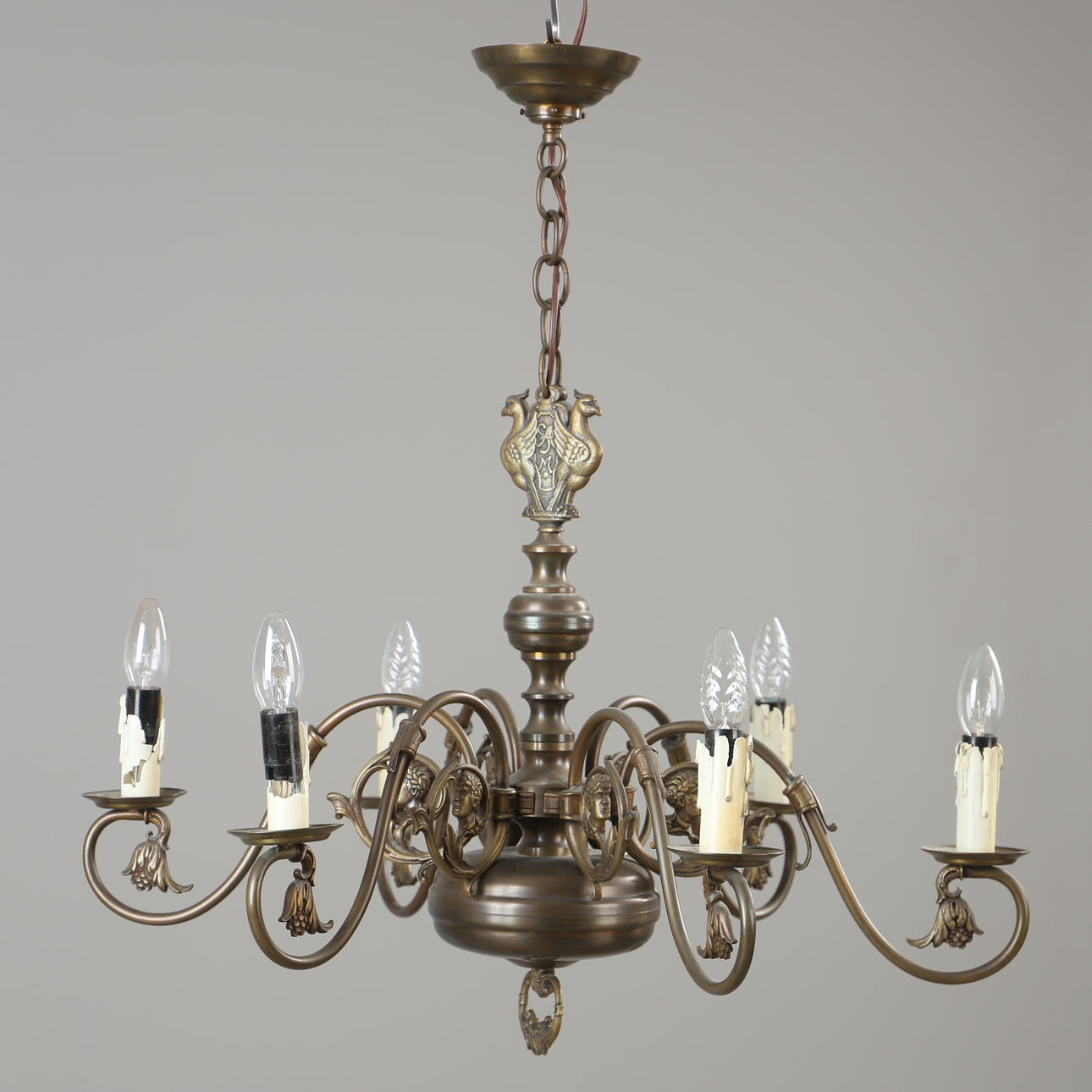 CEILING LAMP, 6-armed, patinated brass, 20th century.