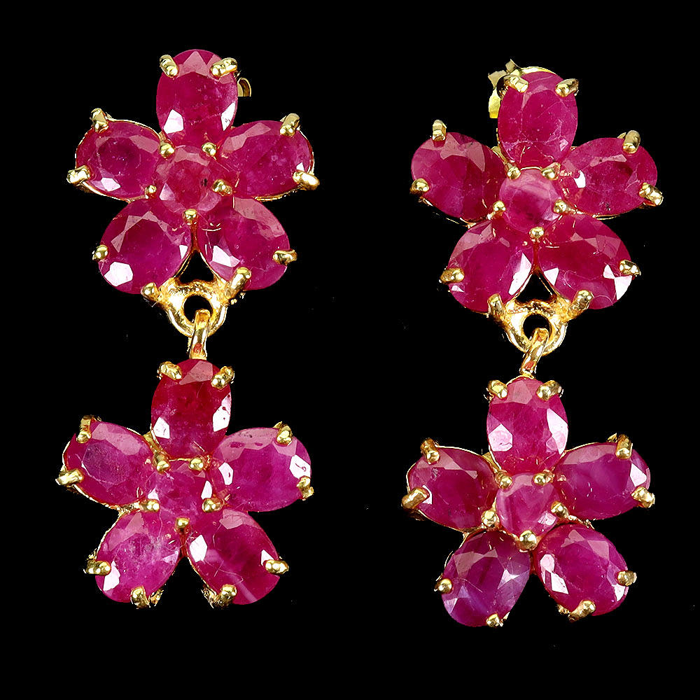 SILVER GILT RUBY FLOWER DROP EARRINGS.