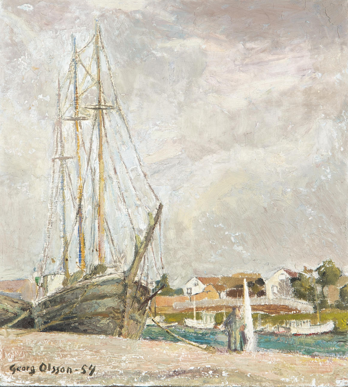 GEORG OLSSON. "Skuta i hamn, Motiv från Råå, olja på duk, signerad 1954.