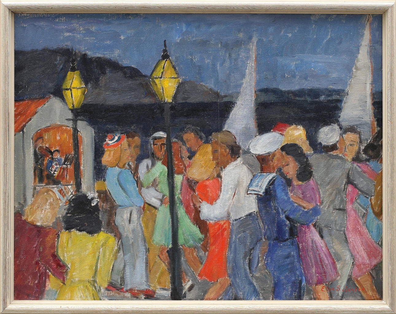 ELSA SELANDER. Dans i hamnen, olja på duk, signerad.