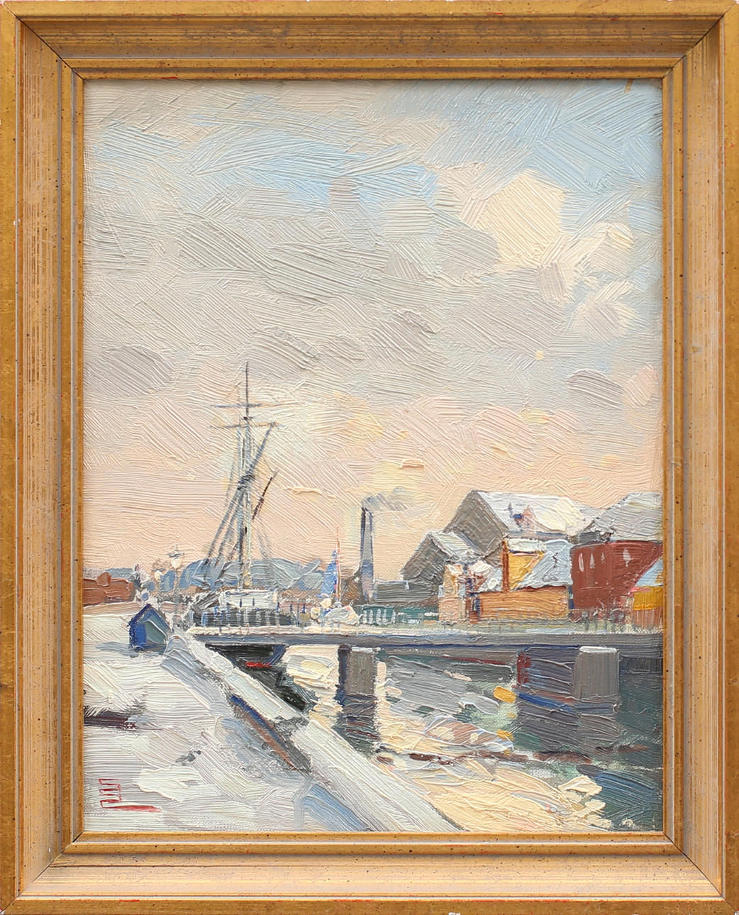 SVEND SINDING CHRISTENSEN. Olja på duk, Kanal med båtar, monogramsignerad SSC.