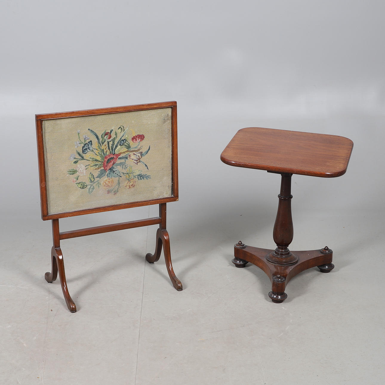 A NINETEENTH CENTURY MAHOGANY LOW TABLE AND FOLDING FIRESCREEN.
