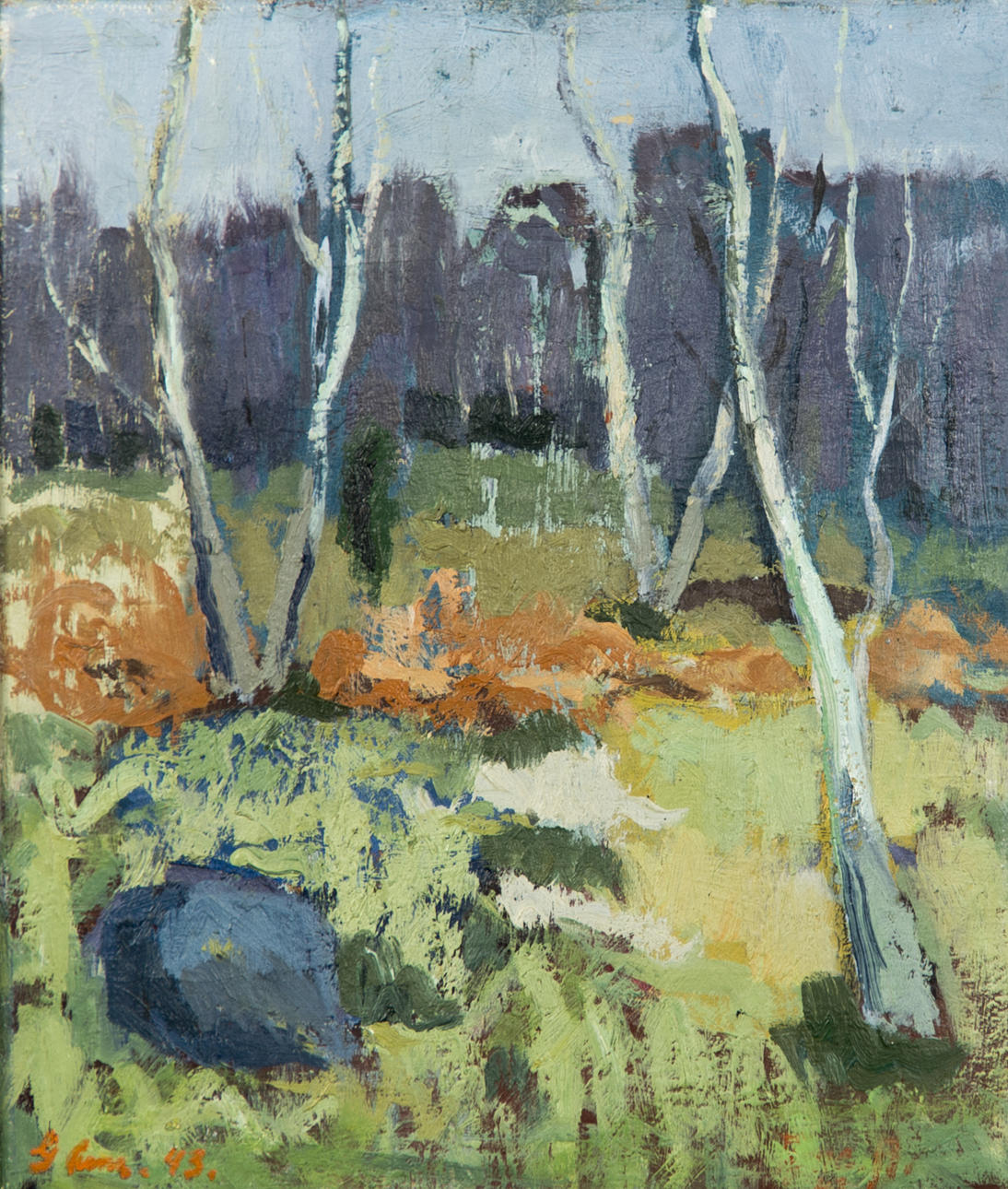 OIDENTIFIERAD KONSTNÄR. "Björkar Sösdala hösten 1943.