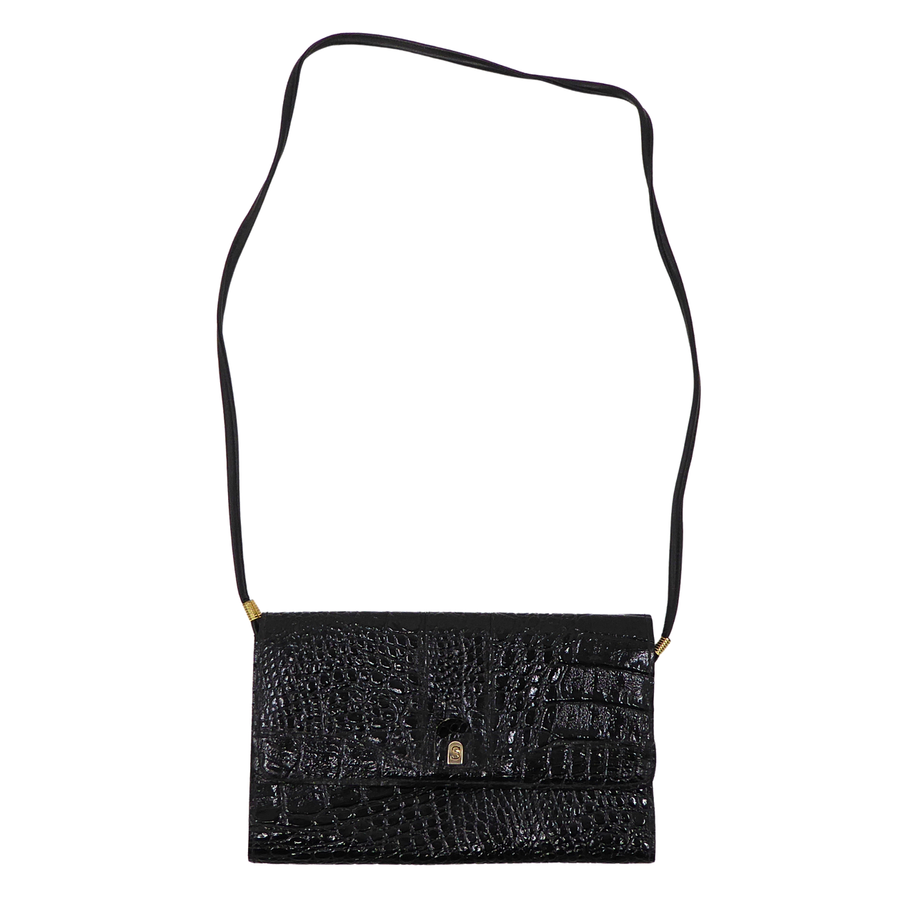 BLACK LEATHER SHOULDER BAG IN CROCODILE EMBOSSING.