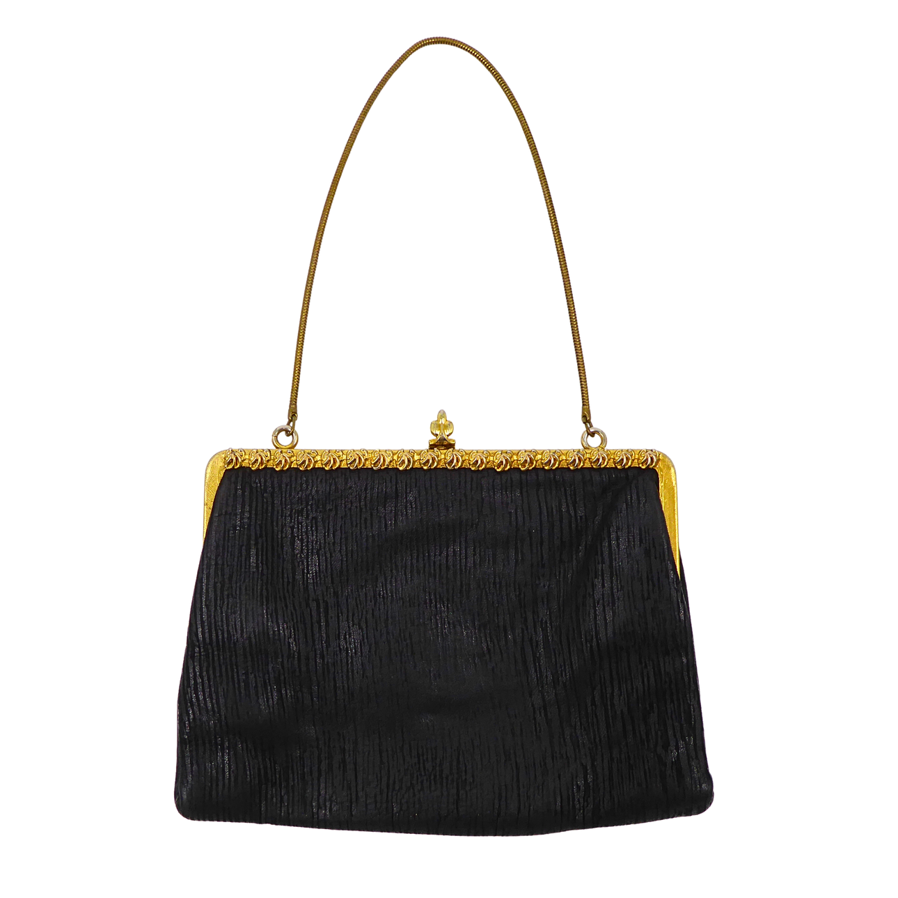 BLACK HANDBAG, TEXTURED TEXTILE FABRIC.