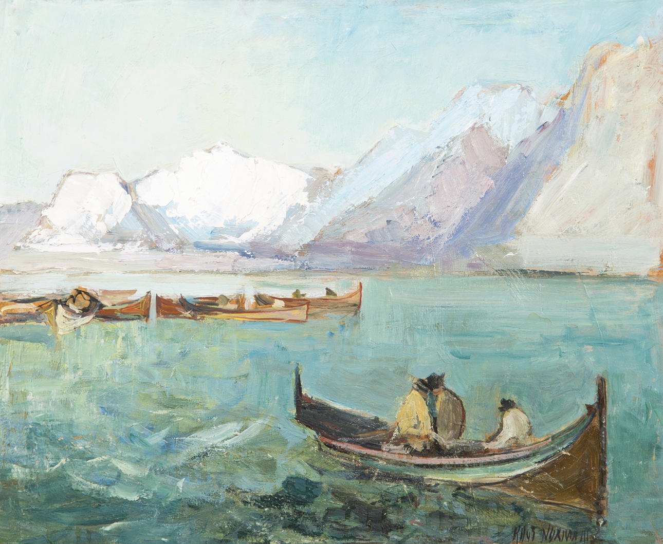 KNUT NORMAN. Båtar vid klippor, olja på pannå, signerad.