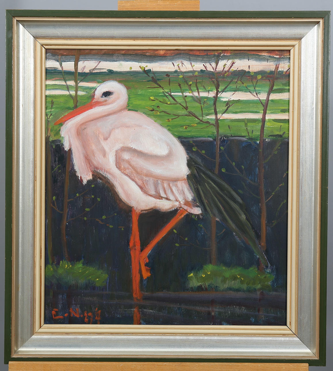 ERNST NORLIND. Olja på pannå, Vilande stork, monogramsignerad E N ,daterad.