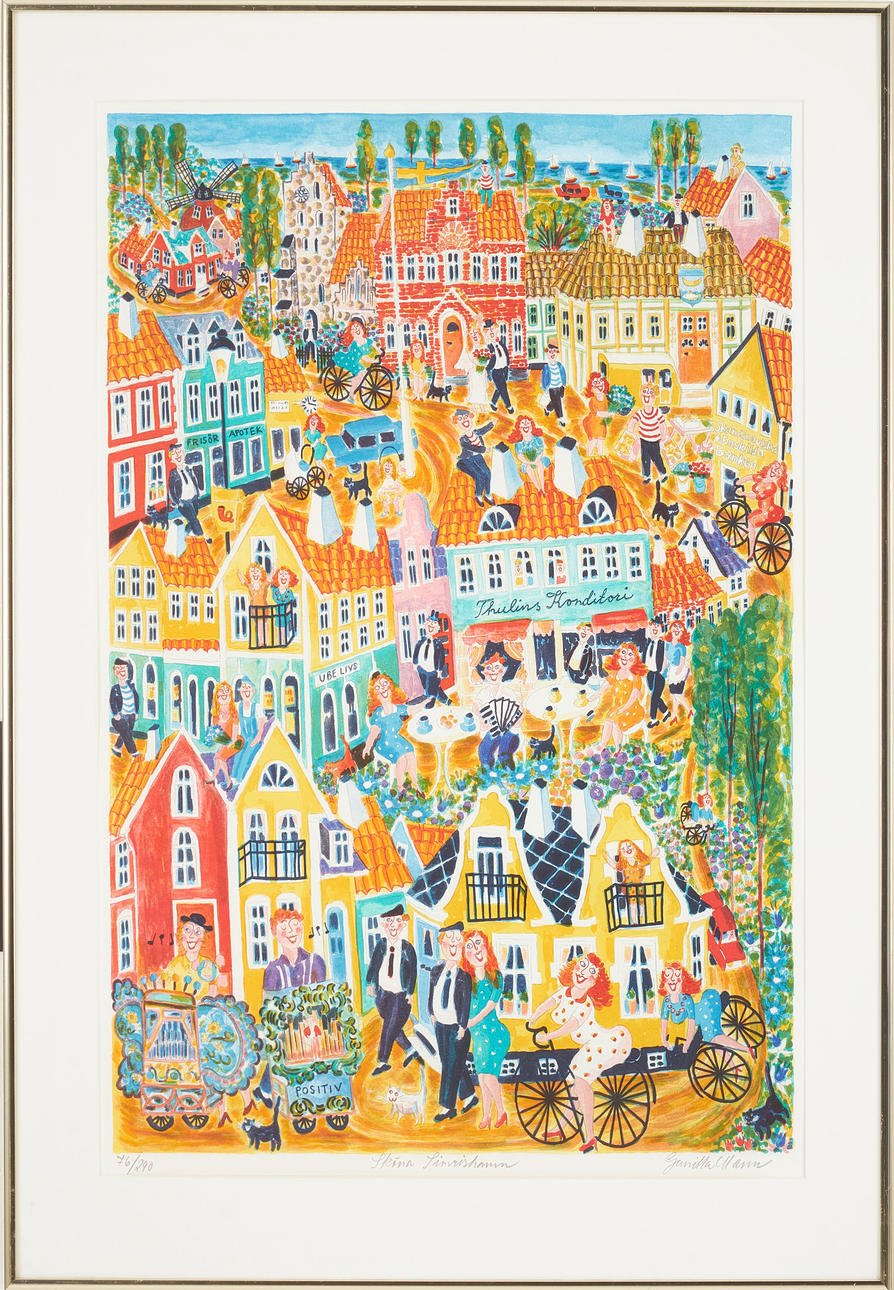 GUNILLA MANN. "Sköna Simrishamn", colour lithograph, signed, numbered 76/290.
