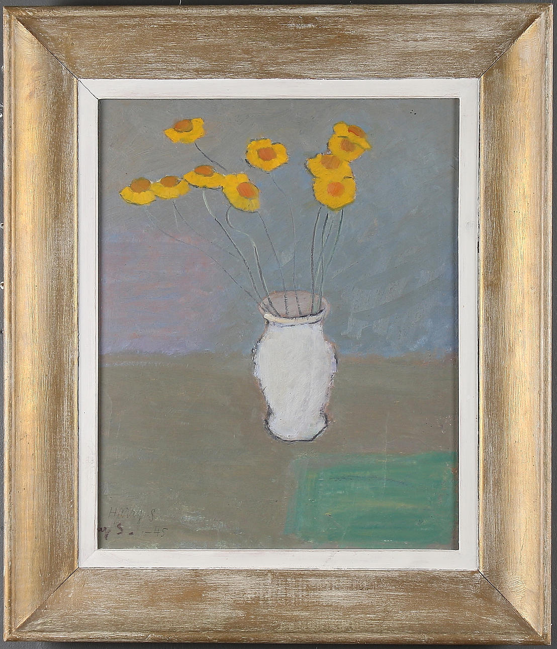 HARRY SANDBERG. "Gula blommor i vit vas", olja på duk, signerad och daterad -45.