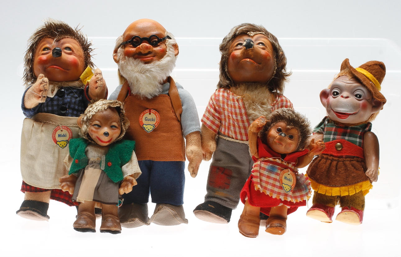 FIGURER/LEKSAKER, 6 st. Steiff, Tyskland 1900-tal.