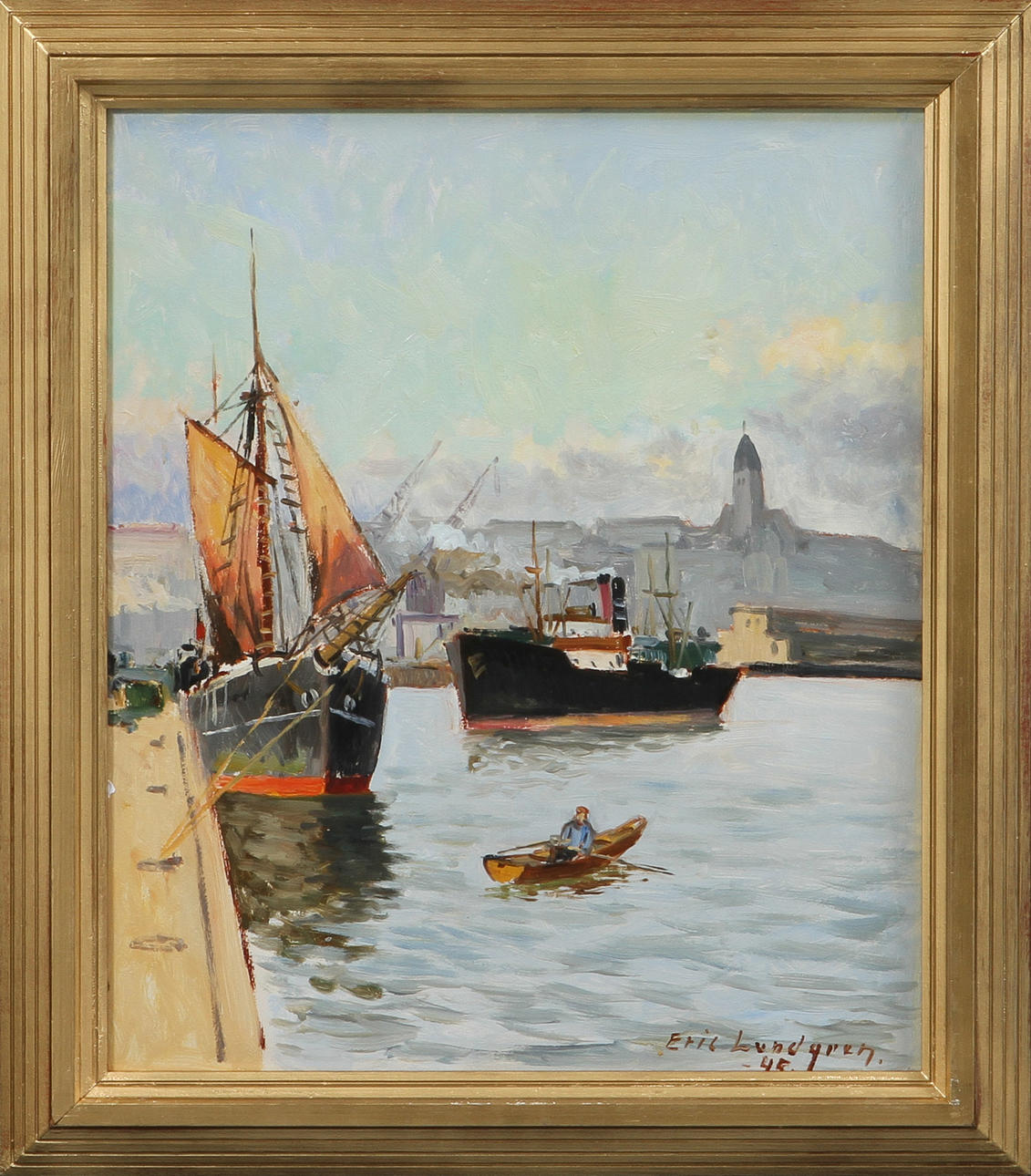 ERIC LUNDGREN. Göteborgs hamn, olja på pannå, signerad och daterad 45.