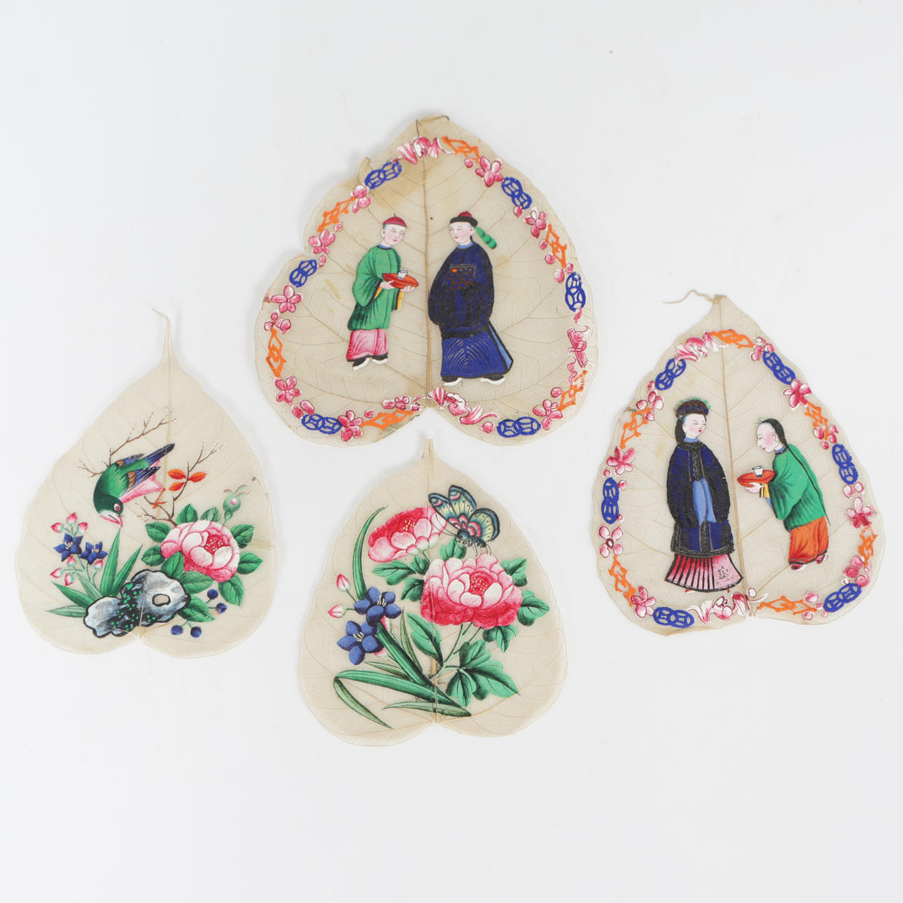 FOUR CHINESE PAINTINGS ON LEAVES (4).