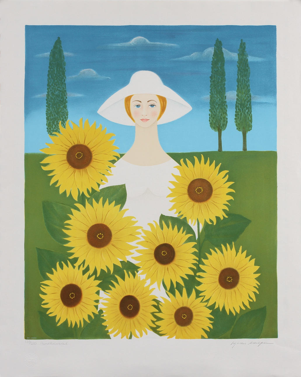 HJÖRDIS ADOLFSSON. Flicka bland solrosor, litografi, handkolorerad, signerad och numrerad 133/250.