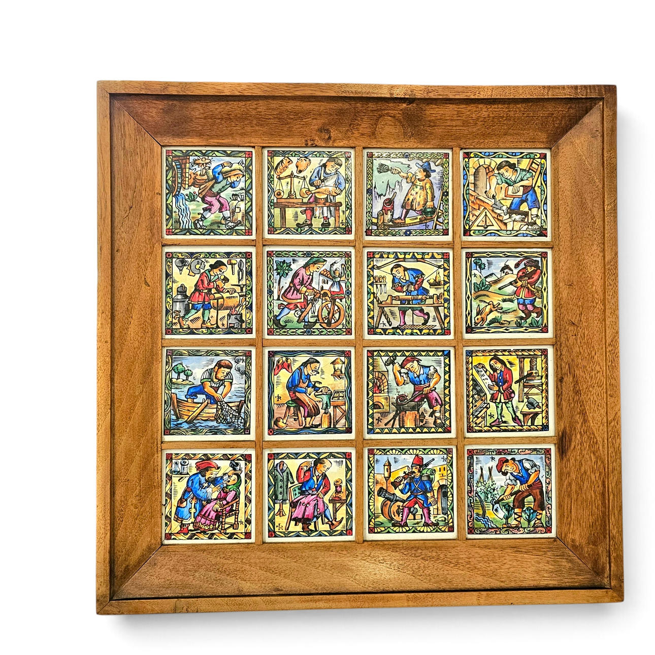 Panel with 16 tiles featuring trade motifs. Signed.