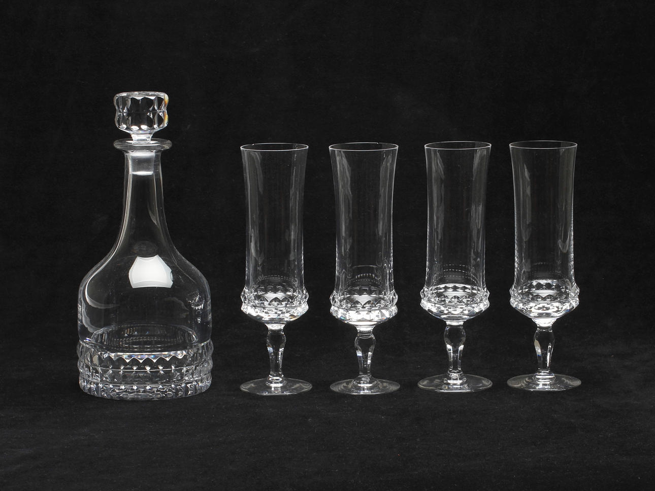 CHAMPAGNEGLAS, 3 st samt KARAFF, "Silvia", Ingeborg Lundin, Orrefors.