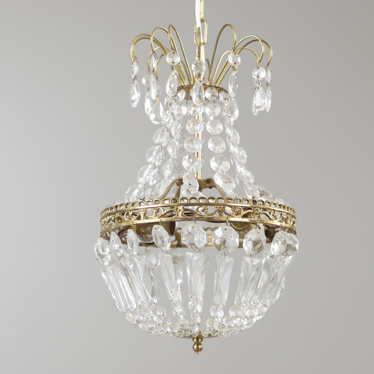CEILING LAMP, brass with crystals, late 20th century.