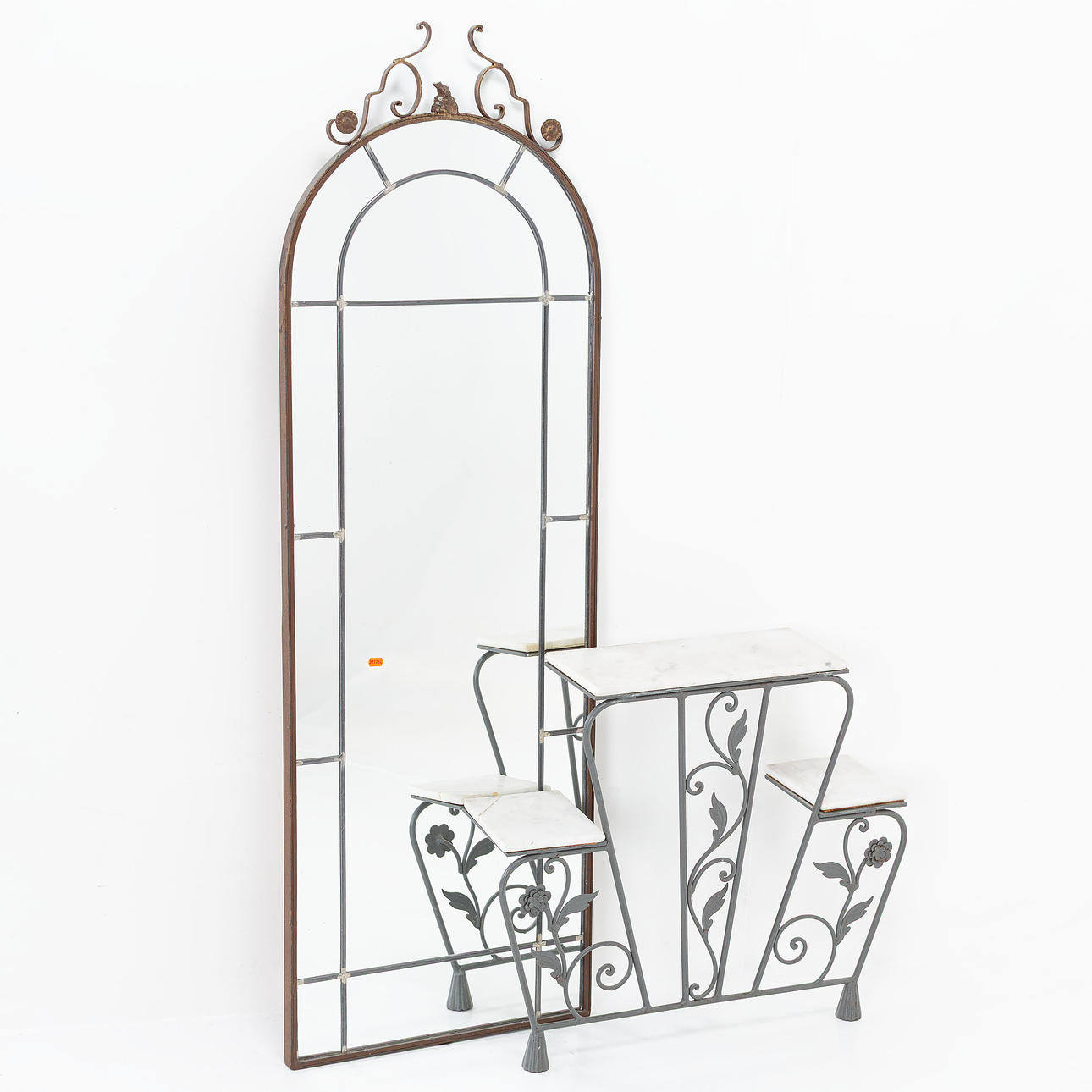 MIRROR, with console table, wrought iron & marble.