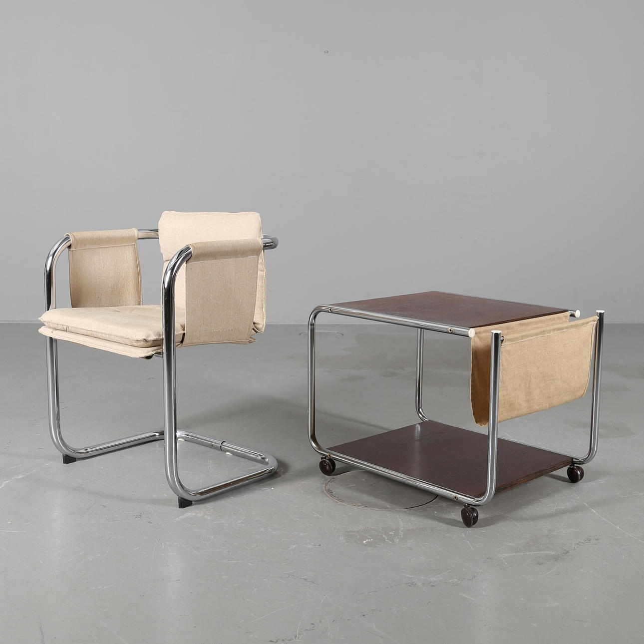 KARMSTOL samt BORD, kromad metall och kanvas, "Kadett" Tomas Jelinek för IKEA, 1979.