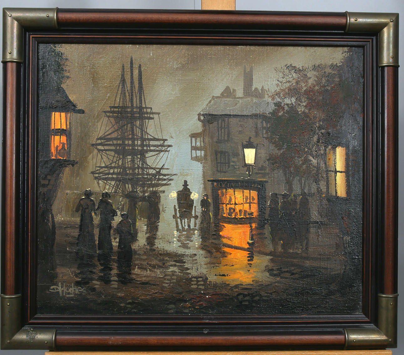 OIDENTIFIERAD KONSTNÄR, Olja på duk, På promenad i hamnkvarteren, signerad D Hughes.