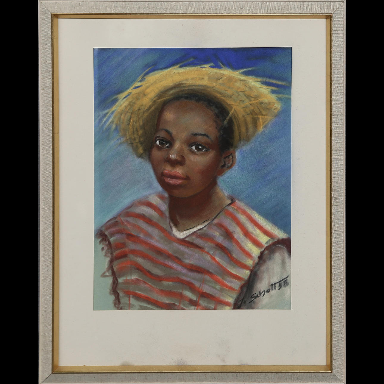 JOSEF SCHOTT "BOY WITH STRAW HAT" SIGNED, DATED 1958, GLAZED.