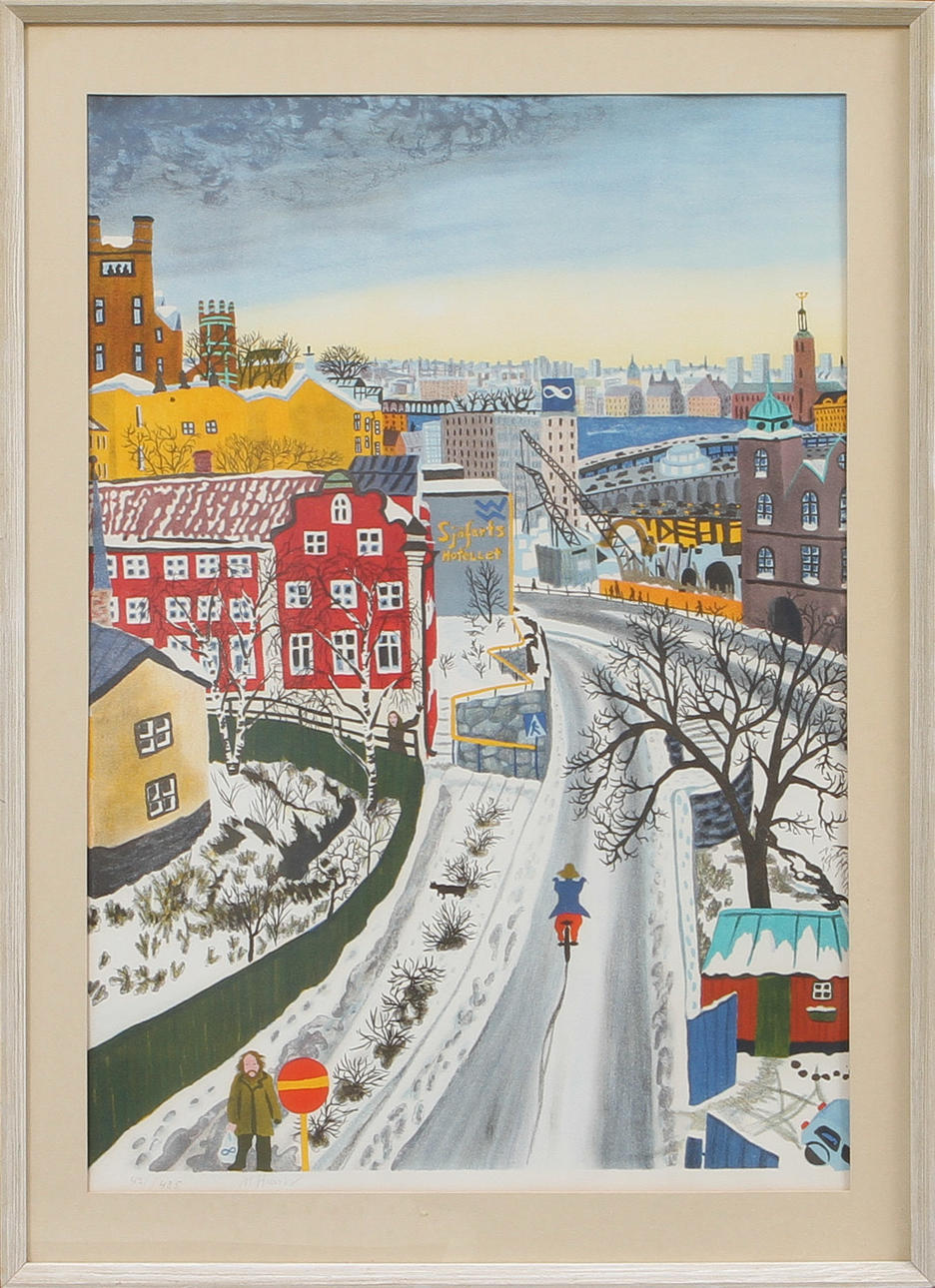 MONA HUSS WALIN. Utsikt över Slussen och Sjöfartshotellet, litografi, sign o numrerad 431/435.