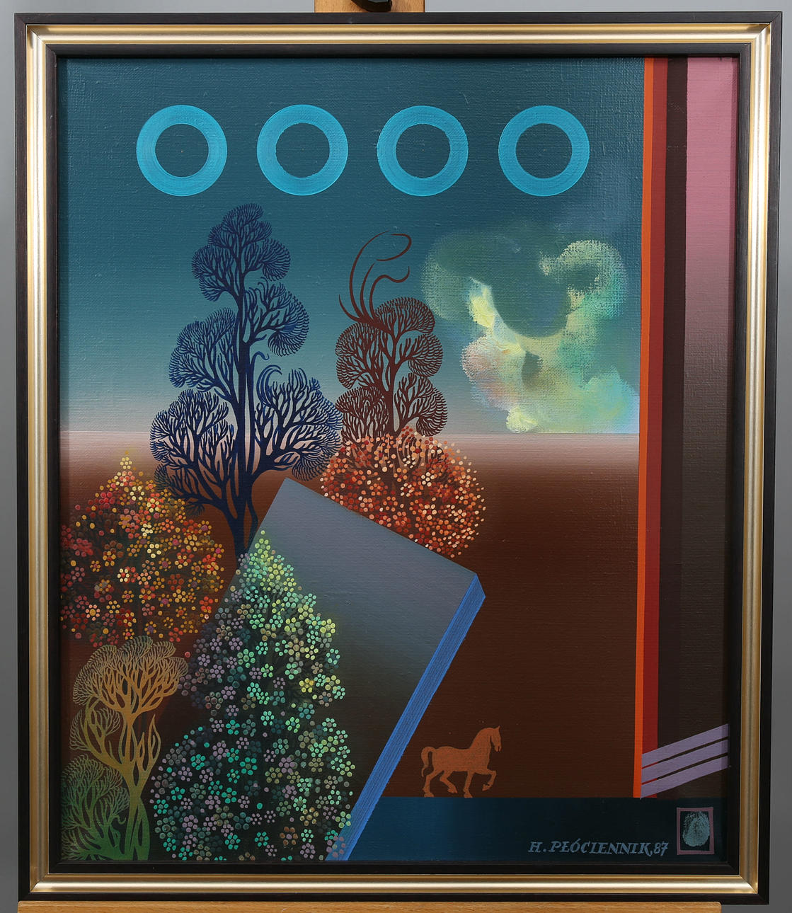 HENRYK PLOCIENNIK. Olja på duk, Fantasilandskap med häst, signerad H Plociennik, daterad -87.