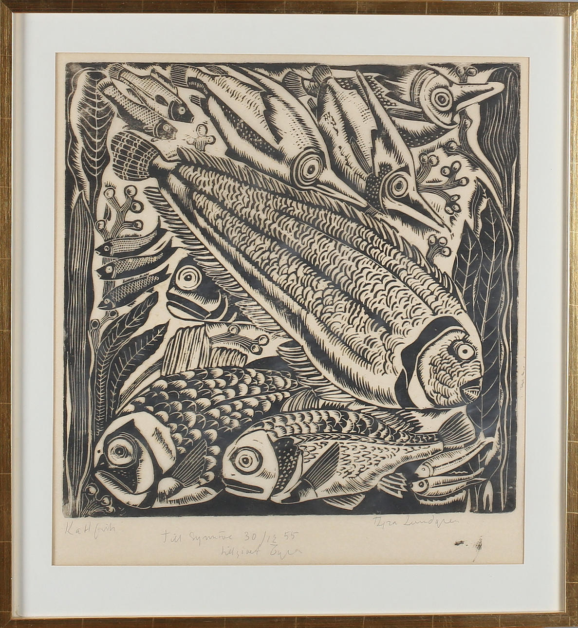 TYRA LUNDGREN. "Kattfisk", träsnitt, signerad samt daterad -55.