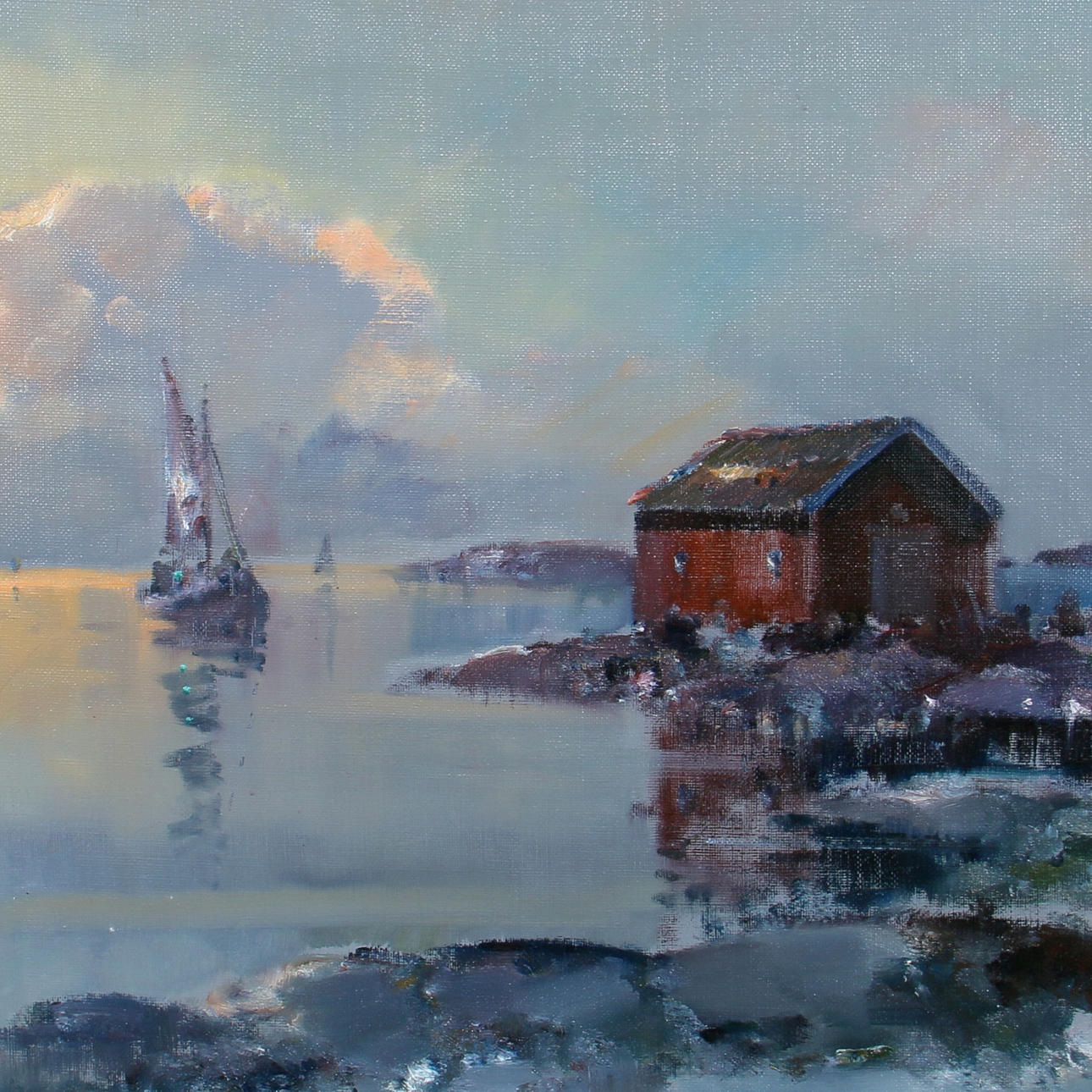 TAGE ERIK HELGE ERIKSSON. Olja på duk, kvällssol över havet, signerad.