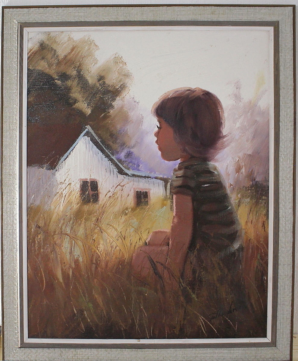 FOLKE LARSSON. olja på duk, flickan i gräset, signerad.