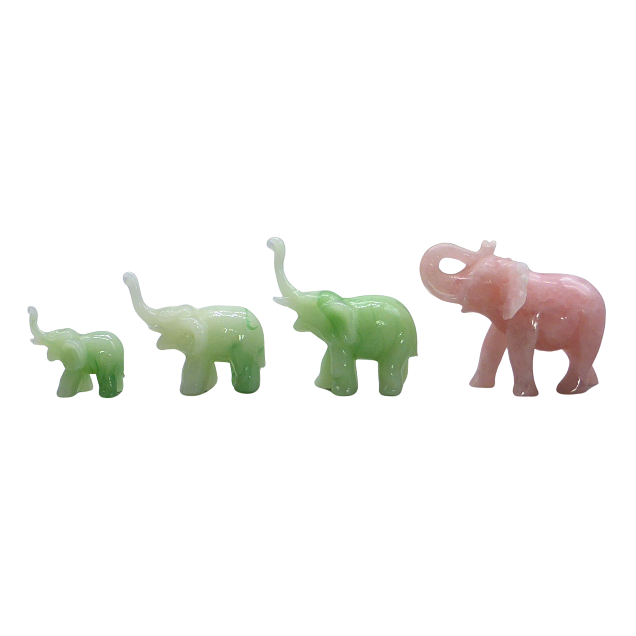 SET MED FYRA ELEFANTFIGURER I STEN OCH ROSENKVARTS