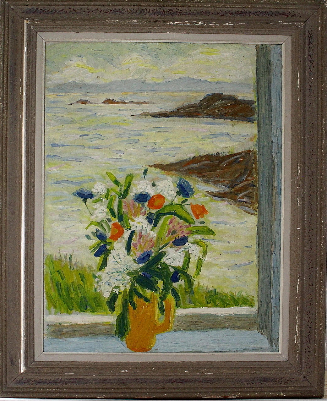 ELVINE OSTERMAN. olja på duk, " blommor i fönstret " signerad och daterad 47.