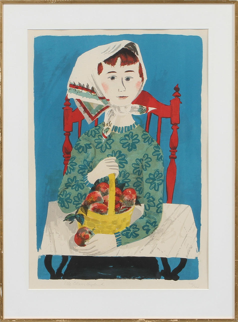 OLLE OLSSON HAGALUND. Flicka med fruktkorg, litografi, signerad och numrerad 223/360.
