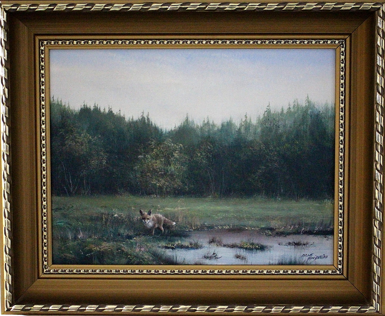 ARNE ANDERSSON. olja på duk, räven vid vattendraget, signerad.