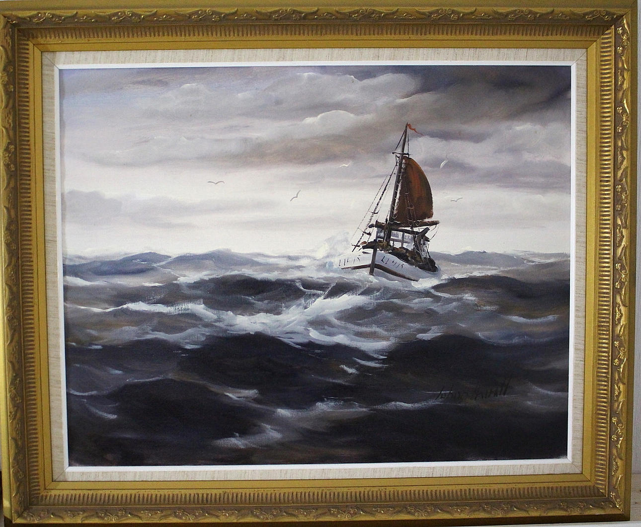 JOHAN AURELL. olja på duk, fiskebåt, signerad Johan.