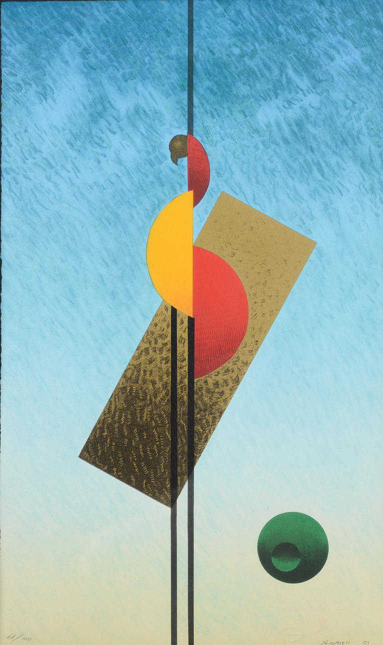 KARL MOMEN. Abstract composition, colour lithograph, signed, numbered 66/140, dated -01.