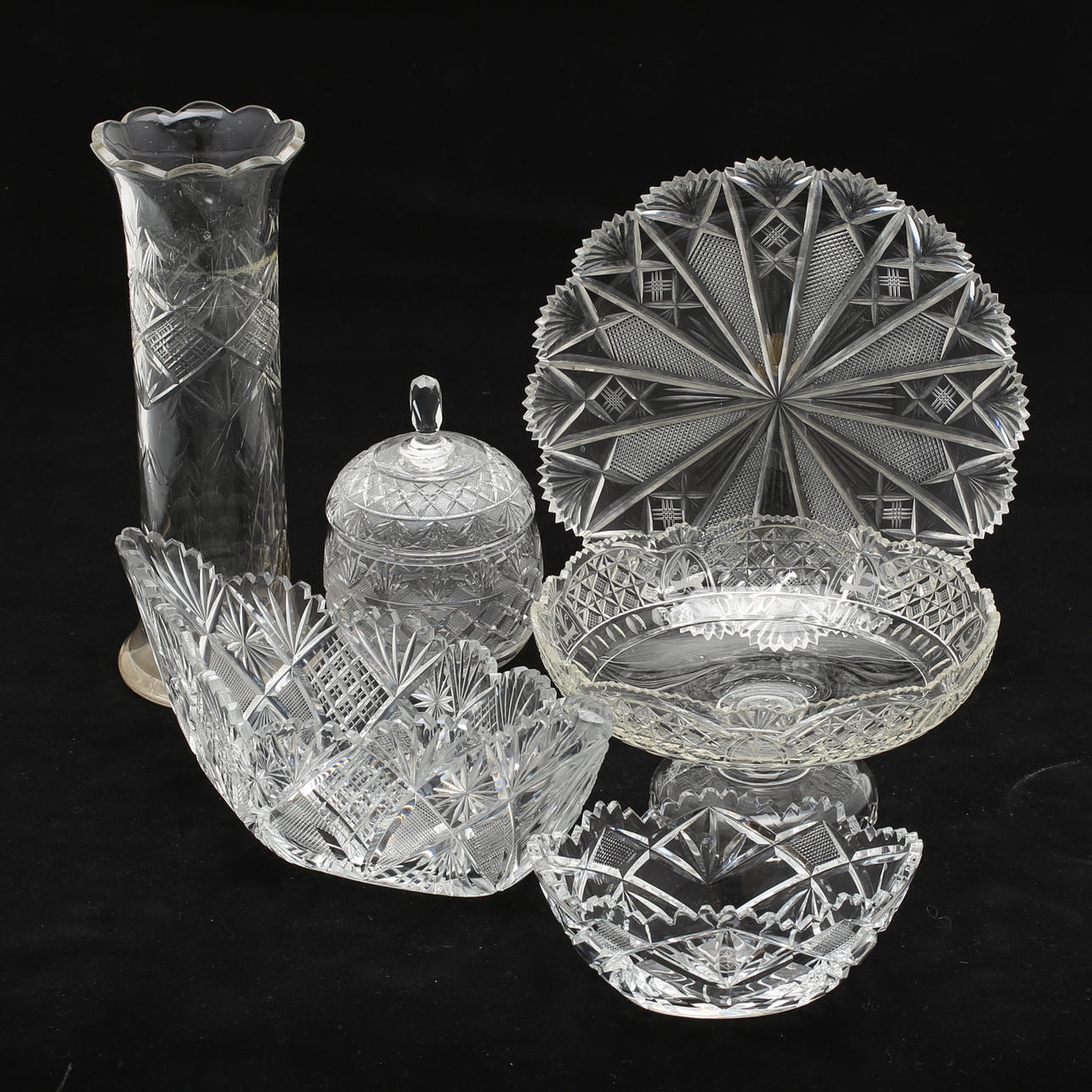 LOCKASK, SKÅLAR, VAS, 6 delar, slipat glas, 1800/1900-tal.