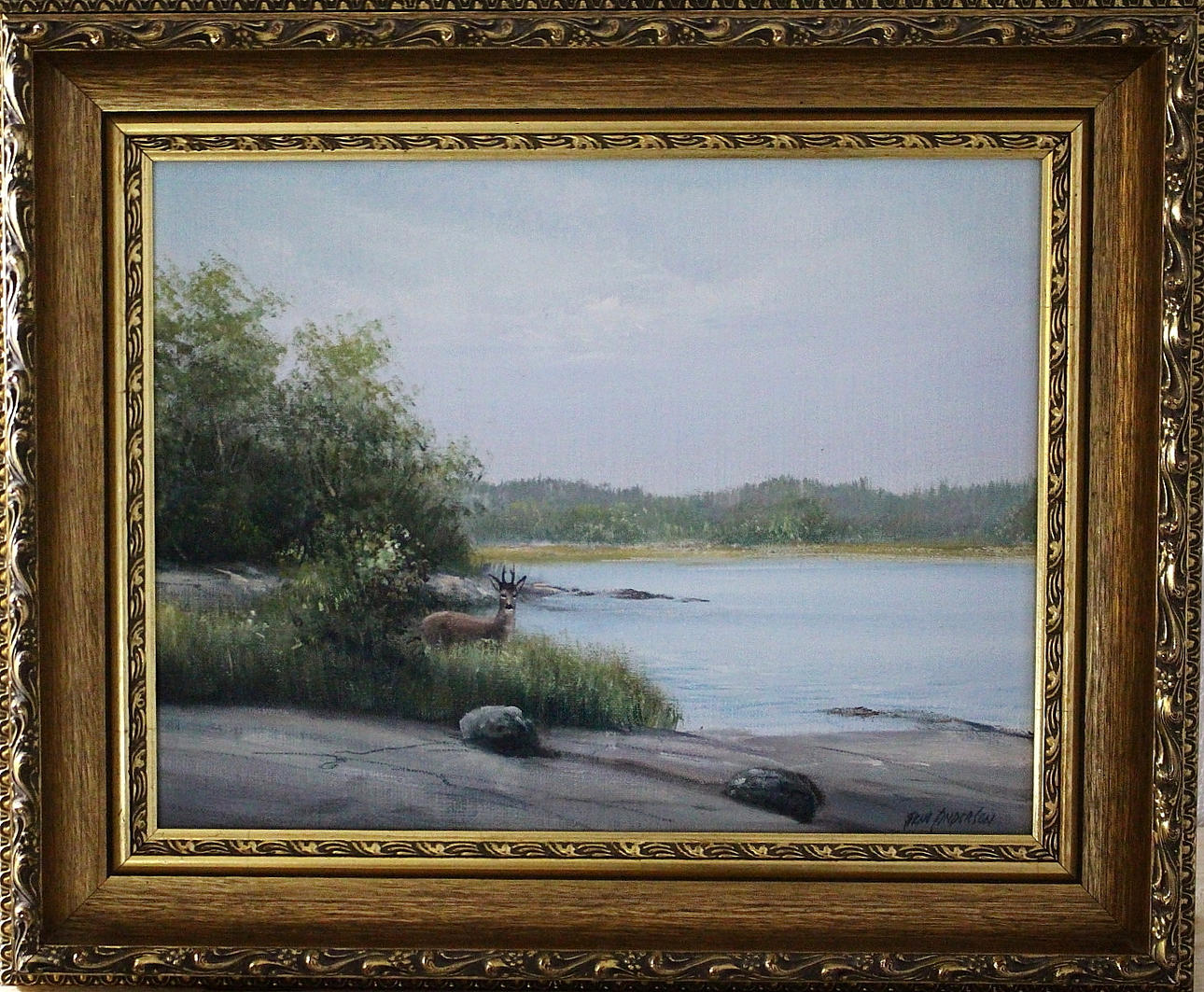 ARNE ANDERSSON. olja på duk, rådjur vid vattenkanten, signerad.
