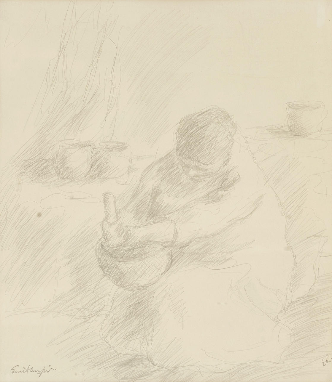 EVERT LUNDQUIST (1904-1994). Komposition med kvinna, dubbelt signerad, blyertsteckning