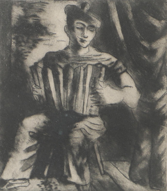 JULES SCHYL. Accordion-playing man, etching, signed J. Schyl.