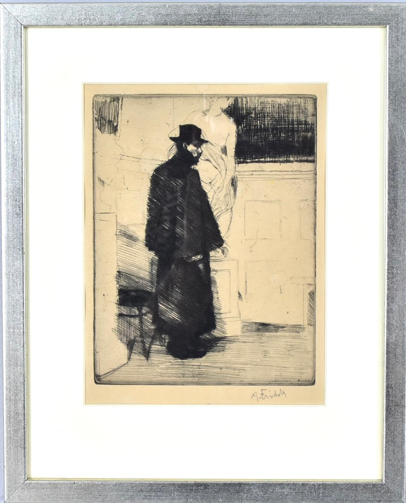 AXEL FRIDELL. etching, "Man i kappa", (Arvid Knöppel), 1916.