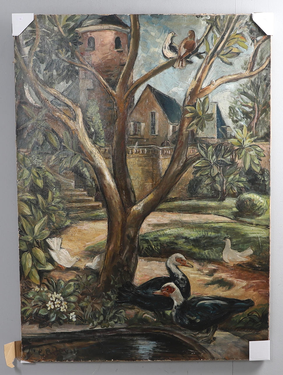 ALBERT J.-P. BERGEVIN (1887-1974). BIRDS RESTING BESIDE A POOL IN A FRENCH GARDEN.