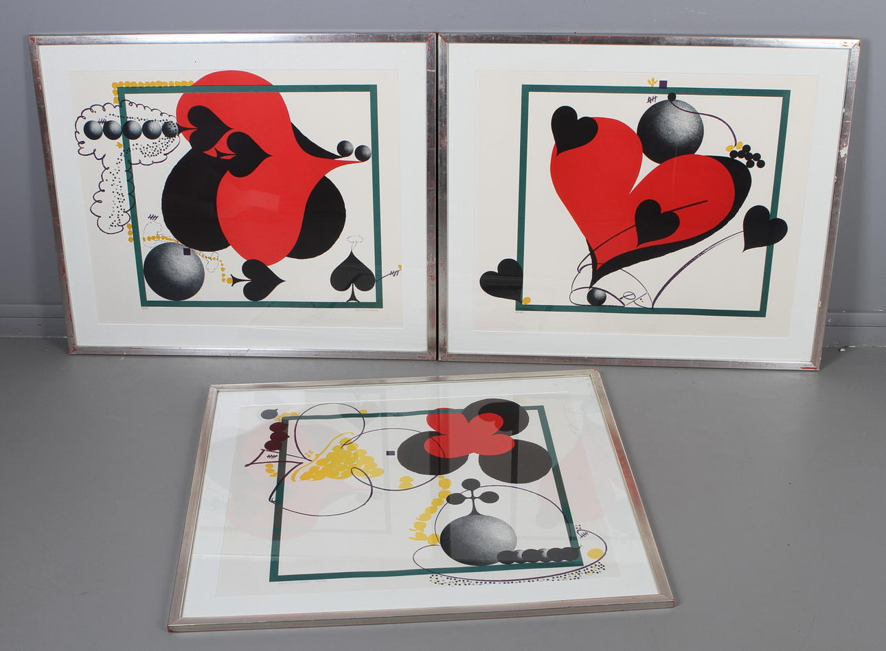 CARL FREDRIK REUTERSWÄRD. Hjärter, ruter och klöver. 3 st färglitografier, signerade.