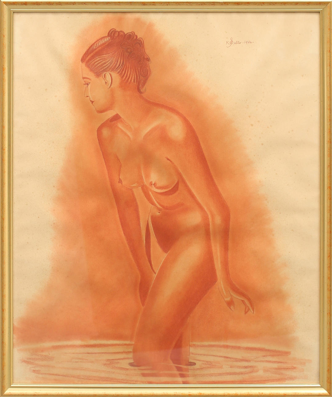 KAMMA SALTO. Kvinnostudie, rödkrita, signerad och daterad, K Salto 1944.