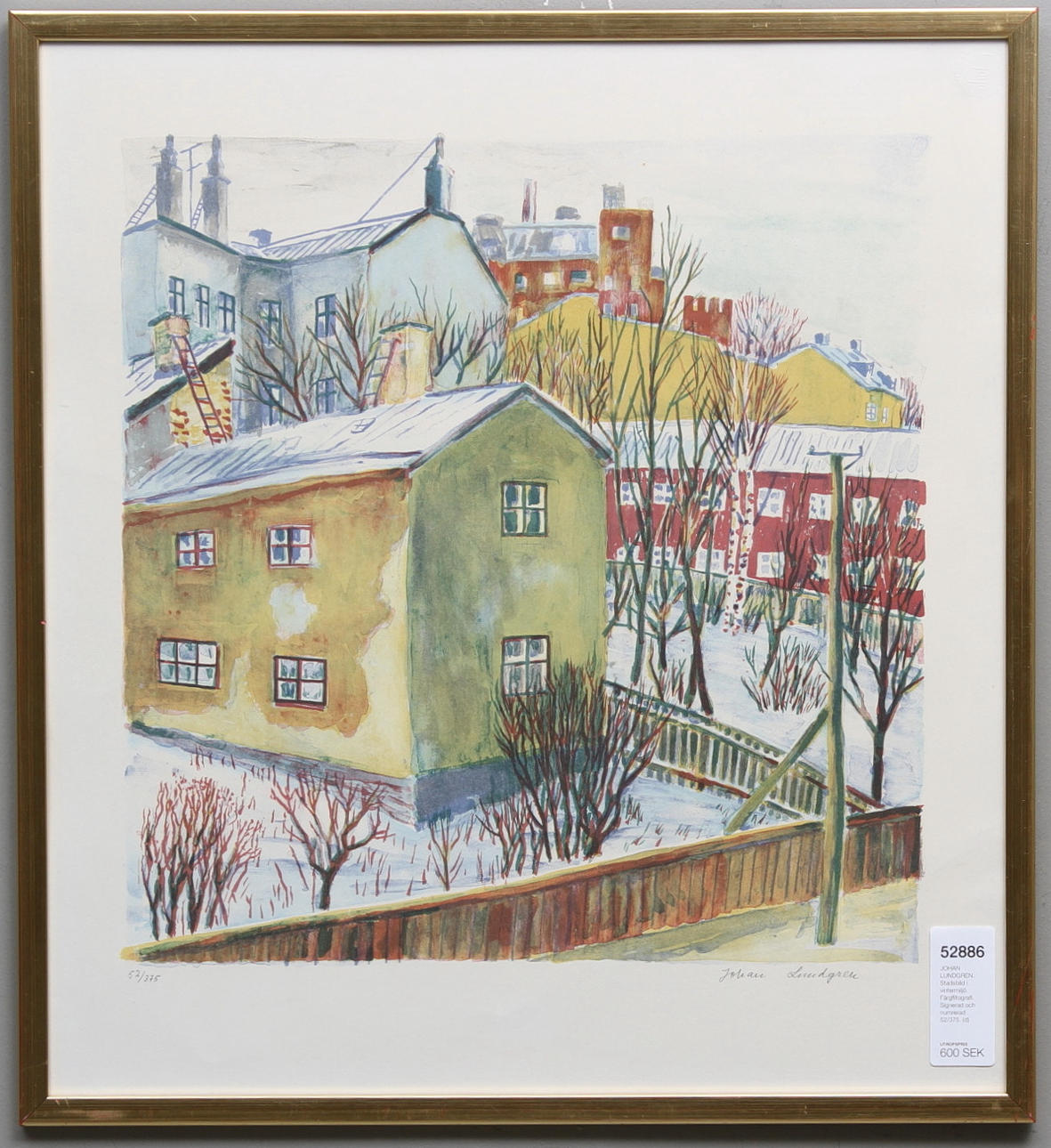 JOHAN LUNDGREN. Stadsbild i vintermiljö. Färgflitografi. Signerad och numrerad 52/375.