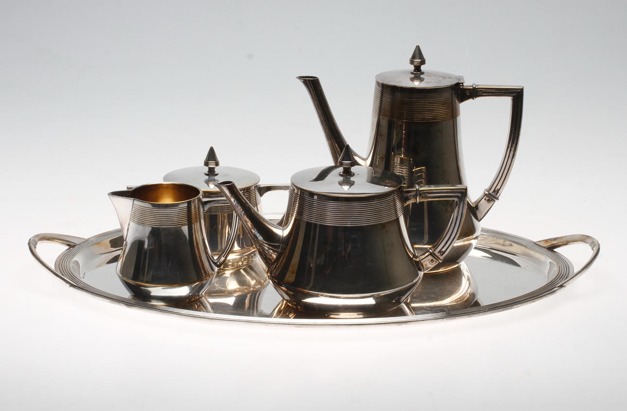 KAFFE OCH TESERVIS, 5 delar, nysilver, jugend, WMF, 1900-talets första hälft.