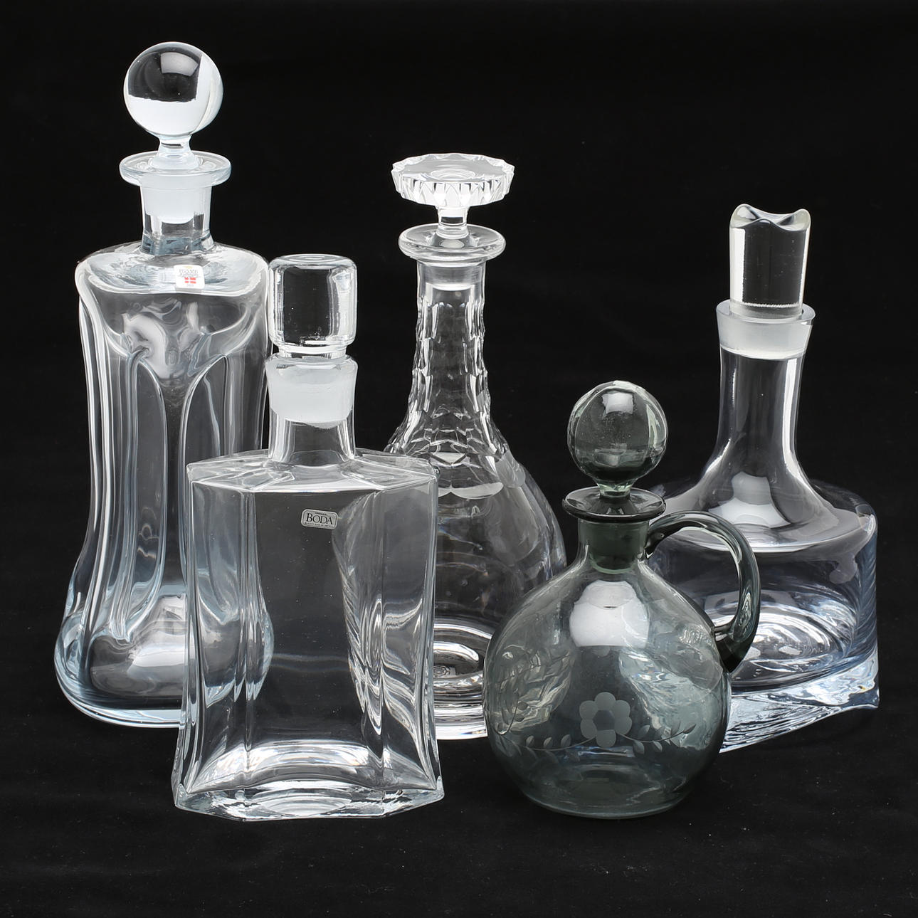 KARAFFER, 5 st, glas, Orrefors, Kosta Boda, Holmegaard.