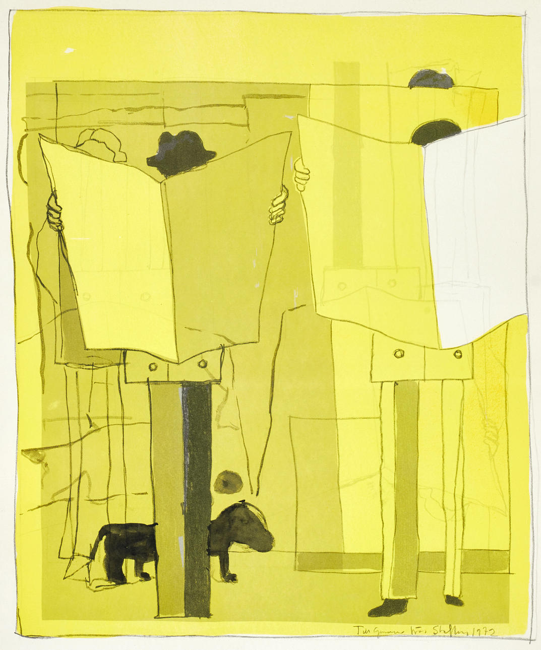 STAFFAN HALLSTRÖM (1914-1976). "Tidningsläsarna", signerad, daterad 1972, färglitografi