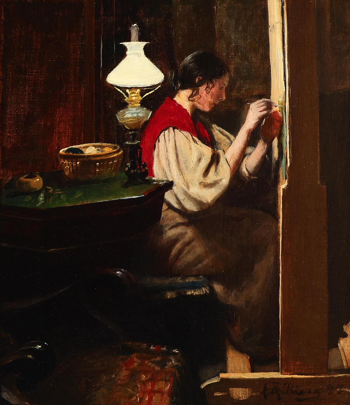 L. A. RING (1854-1933). 'Sigrid ved væven', olja på duk, signerad och daterad 1897