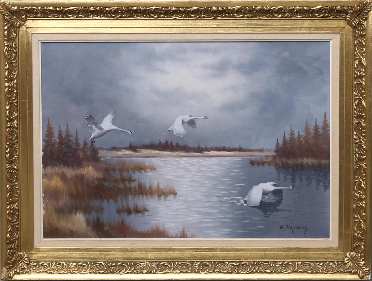 WALTER LILJENBERG. Flygande svanar över vattendrag. Olja på duk. Signerad.